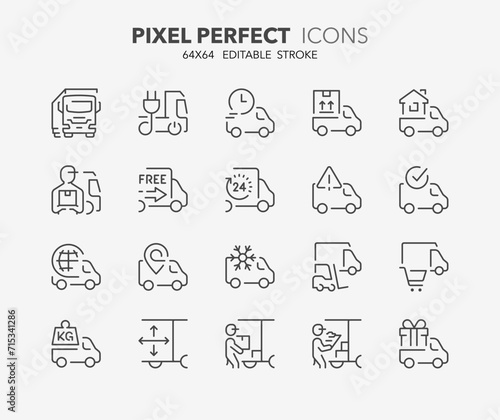 Line icons about trucks and road transport. Outline symbol collection. Editable vector stroke. 64x64 Pixel Perfect.