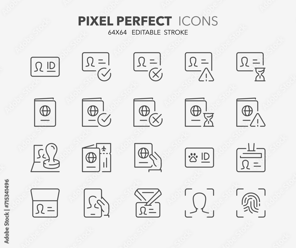 Line icons about identifications. Outline symbol collection. Editable vector stroke. 64x64 Pixel Perfect. Line icons about identifications. Outline symbol collection. Editable vector stroke. 64x64 Pixel Perfect.