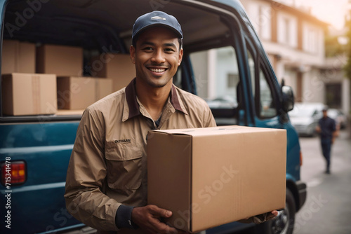 Delivery man holding, delivering parcel, cardboard box to the customer, mixed race courier delivers parcel to your doorsteps, smiling, staying by his van. photo