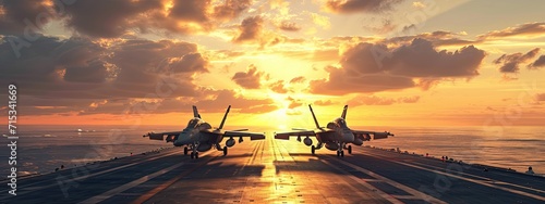 The dynamic sight of fighter jets launching from aircraft carriers, exemplifying the coordinated strength of air and naval capabilities. photo