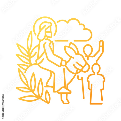 Triumphal entry into Jerusalem gradient linear vector icon. Palm Sunday. Start of holy week. Jesus Christ riding donkey. Thin line color symbol. Modern style pictogram. Vector isolated outline drawing