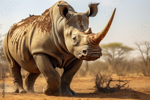 A black rhinoceros on the grasslands of the savannah . Endangered animals photo