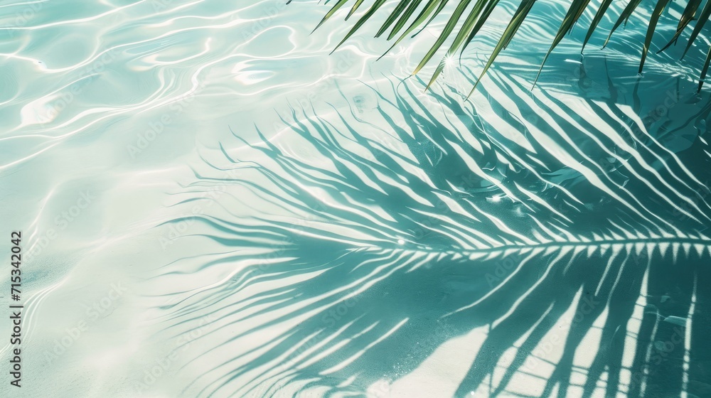 leaf shadow on a water surface, showcasing palm leaves' shadows on a white sand beach for a beautiful abstract background concept banner, Ai Generated.
