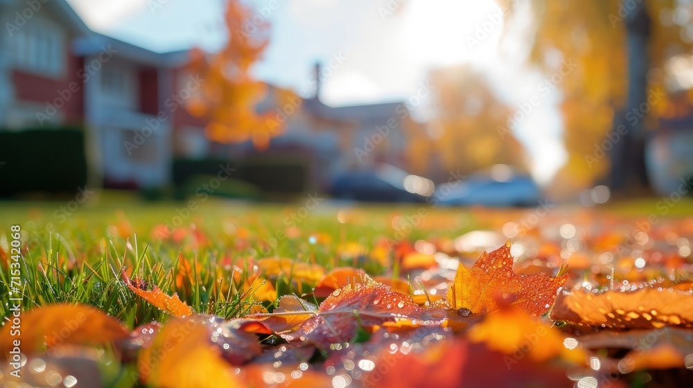 Immerse in the ambiance of a typical suburb background during late autumn, featuring a front yard with a soft focus and shallow depth of field, creating a serene atmosphere, Ai Generated. Immerse in the ambiance of a typical suburb background during late autumn, featuring a front yard with a soft focus and shallow depth of field, creating a serene atmosphere, Ai Generated.