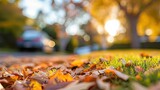 Immerse in the ambiance of a typical suburb background during late autumn, featuring a front yard with a soft focus and shallow depth of field, creating a serene atmosphere, Ai Generated.