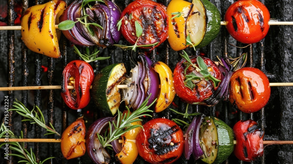 Savor the flavors of summer with BBQ grilled vegetables on skewers, adorned with fresh herbs and spices—a delightful outdoor barbecue treat, Ai Generated. Savor the flavors of summer with BBQ grilled vegetables on skewers, adorned with fresh herbs and spices—a delightful outdoor barbecue treat, Ai Generated.