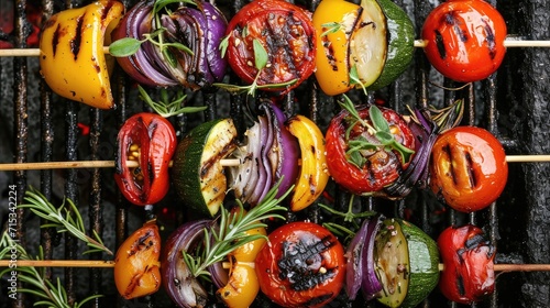 Savor the flavors of summer with BBQ grilled vegetables on skewers, adorned with fresh herbs and spices—a delightful outdoor barbecue treat, Ai Generated. © SURIYA