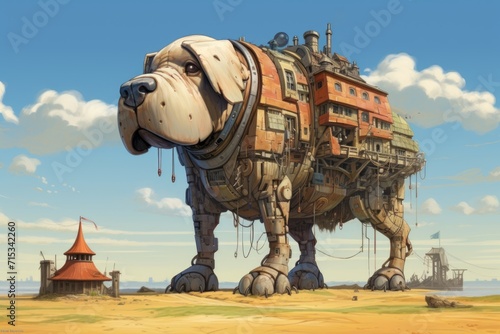 A surreal dog - house on a desert background. Drawing