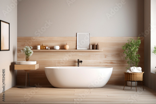 Modern minimalist bathroom interior, white sink, wooden vanity, interior plants, have large windows, white and beige walls, concrete floor, overlook nature view.