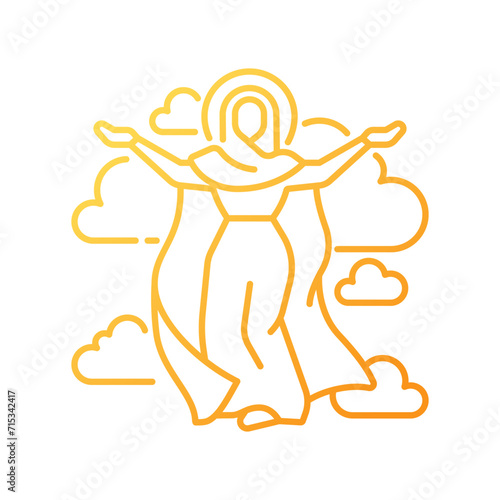 Ascended virgin mary gradient linear vector icon. Assumption of Mary to heaven. Immaculate mother of God. Thin line color symbol. Modern style pictogram. Vector isolated outline drawing