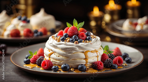 Pavlova cake with whipped cream, fresh berries and caramel