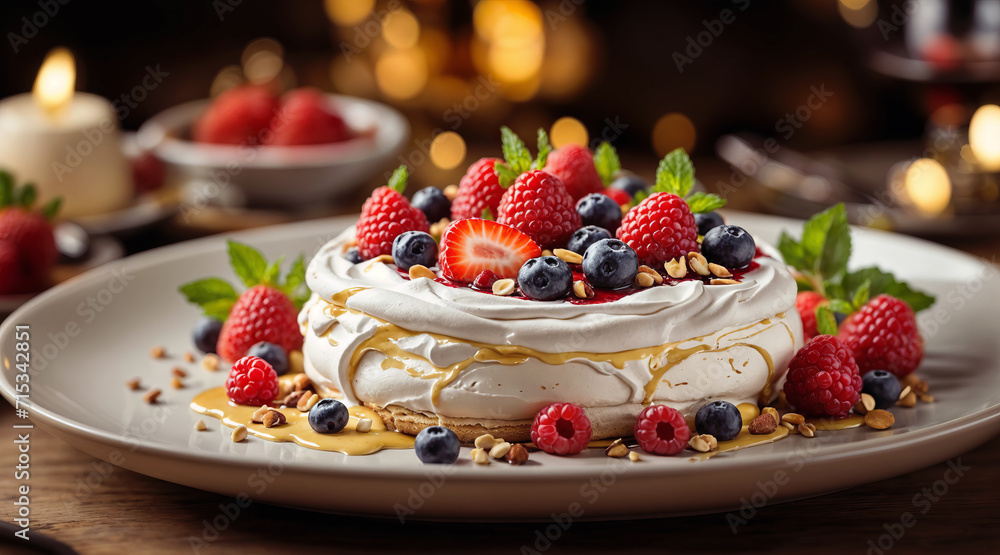 Pavlova cake with whipped cream, fresh berries and caramel Pavlova cake with whipped cream, fresh berries and caramel