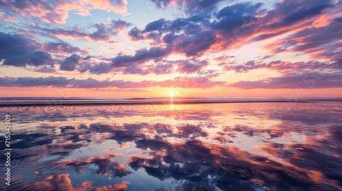 Experience the beauty of a vibrant sunset, with clouds reflected on wet sand at low tide. Ai Generated. © SURIYA