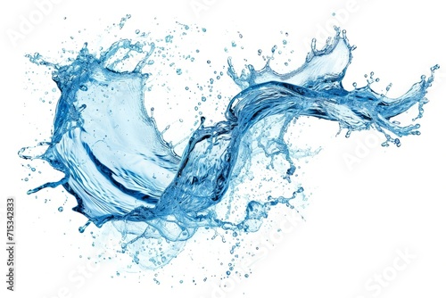 Blue water swirl splash with little bubbles on clear isolated white background, liquid flowing in form of wave