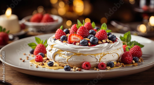 Pavlova cake with whipped cream, fresh berries and caramel