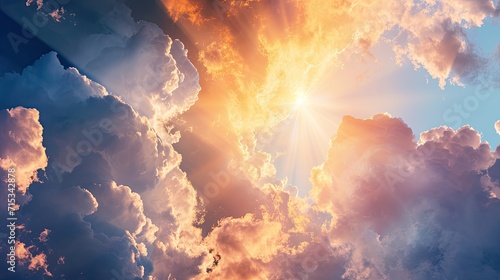 Delve into an extra-wide format illustration of a heavenly sunset above the clouds. Hopeful and divine. Ai Generated.