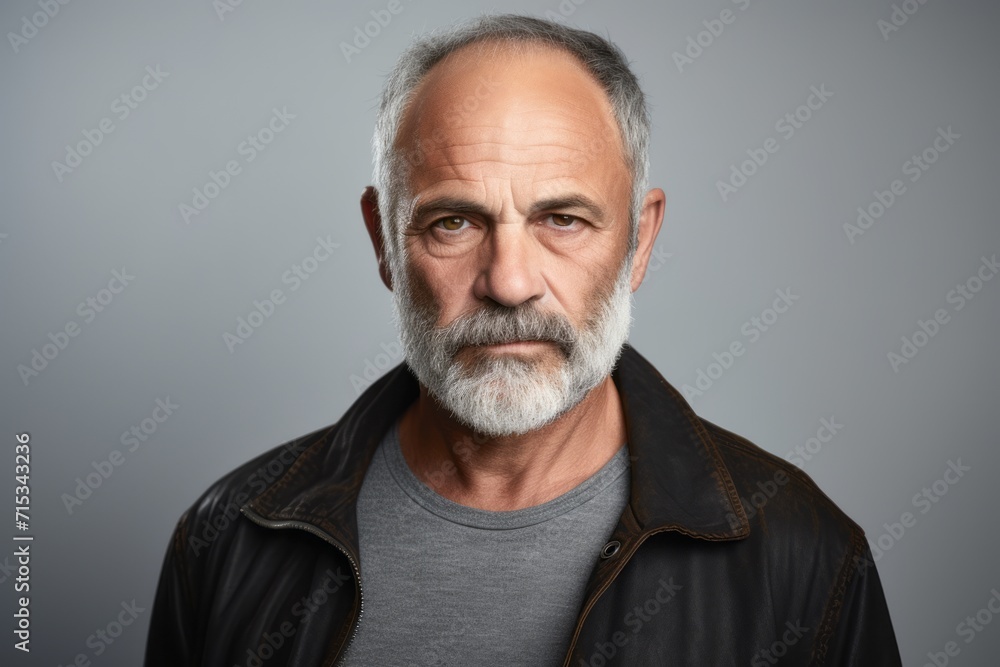 Portrait of a serious senior man in a leather jacket over grey background. Portrait of a serious senior man in a leather jacket over grey background.