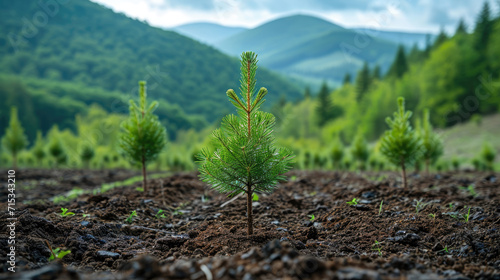 Planting new trees. planting new trees in an open area of a mountain. conifer trees. 