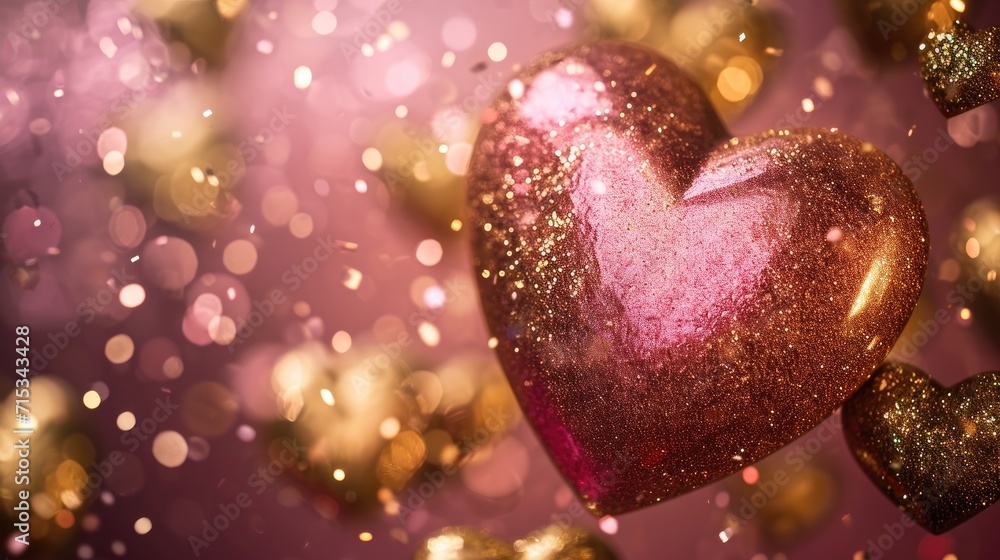 An attractive pink and gold heart, radiating warm colors, adorned with many small gold hearts, creates an abstract background for the concepts of like, love, and thank you, Ai Generated. An attractive pink and gold heart, radiating warm colors, adorned with many small gold hearts, creates an abstract background for the concepts of like, love, and thank you, Ai Generated.