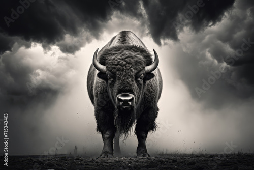  Black and white photograph of a bison during a thunderstorm, capturing the dramatic mood and power of nature