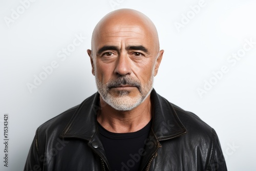 Portrait of a mature man in a leather jacket on a white background.