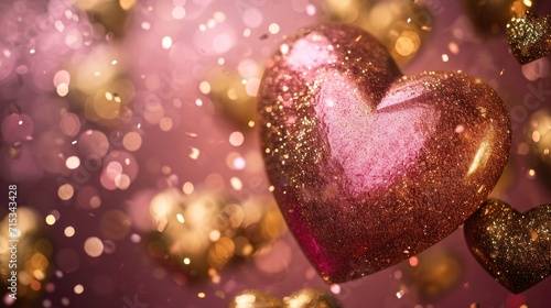 An attractive pink and gold heart  radiating warm colors  adorned with many small gold hearts  creates an abstract background for the concepts of like  love  and thank you  Ai Generated.