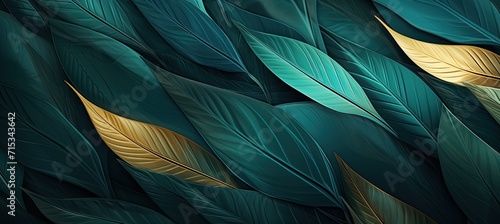 Dark turquoise and light gold abstract leaves wallpaper design