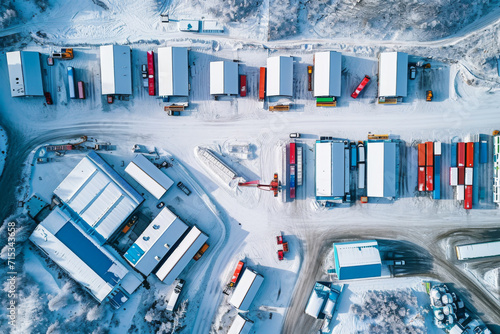 Aerial view of logistics warehouse after snowfall.
