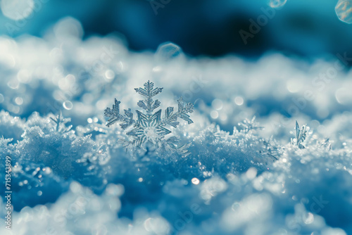 A close-up of snowflakes on the snow.