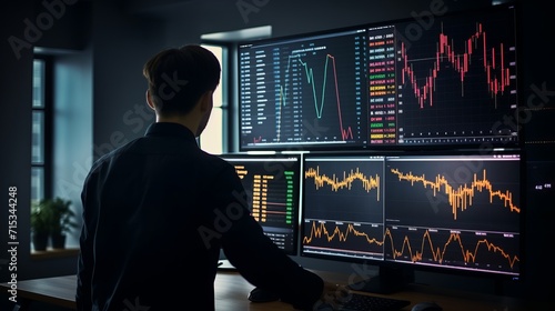 Financial analysts reviewing stock market data on multiple monitors in a monitoring room with charts and graphs