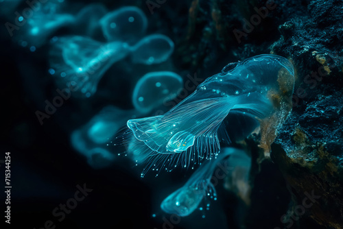 Underwater microcosm, luminous single-celled organisms on a black background