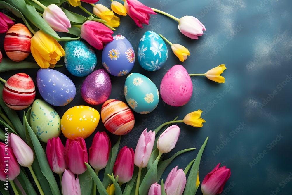 Vibrant Easter Celebration with Tulips and Eggs Vibrant Easter Celebration with Tulips and Eggs