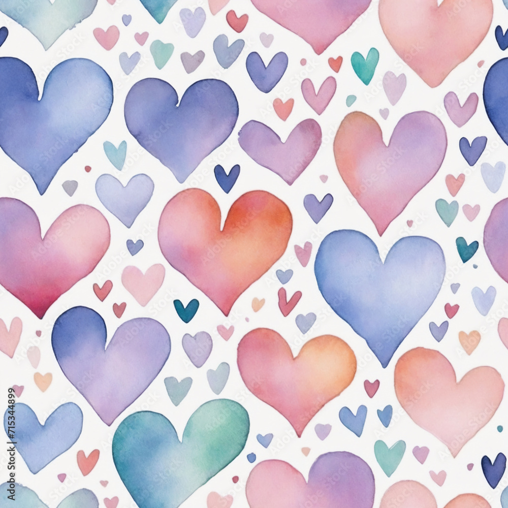 Cute Simple Watercolor Pastel Boho, A Pattern Of Colorful Hearts - Background for textile, fabric, wrapping paper