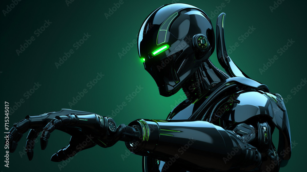 A sleek black robot with a laser arm cannon and green
