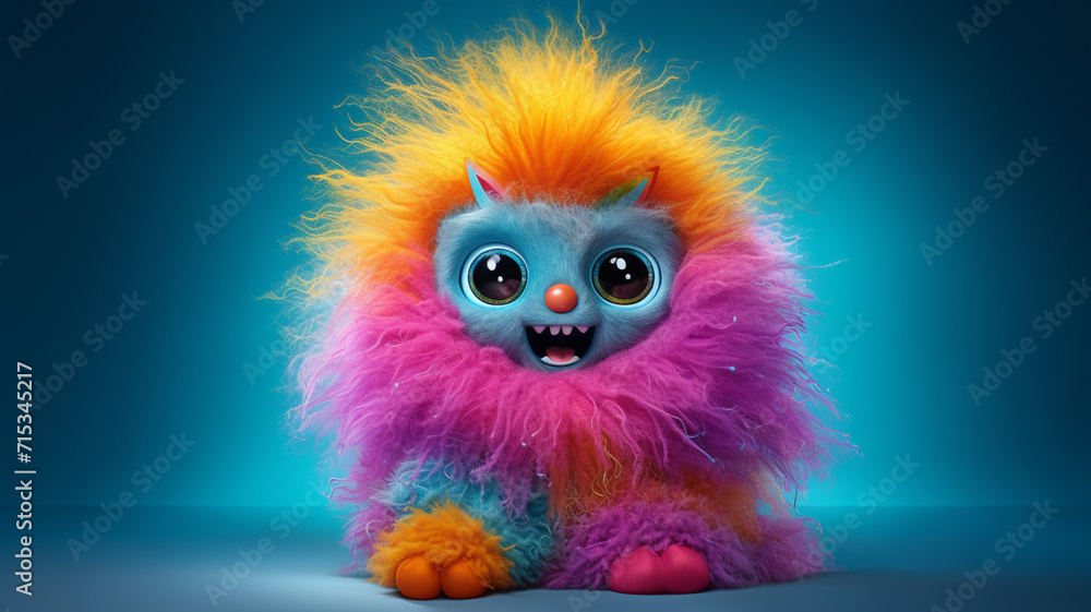 Faux fur robot with a fluffy fuzzy surface in bright