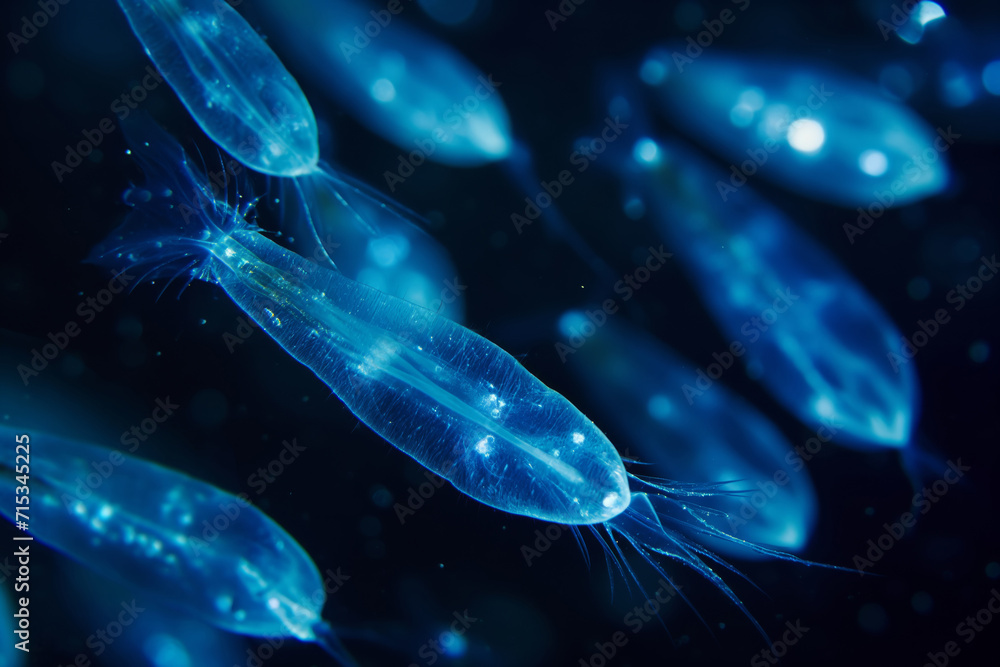Underwater microcosm, luminous single-celled organisms on a black background