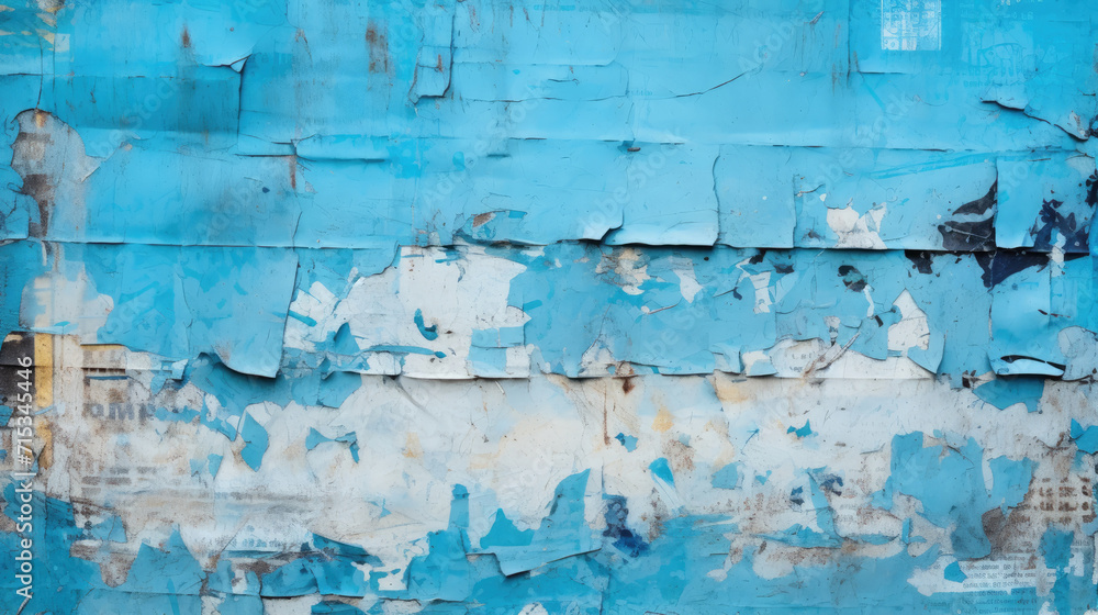 Torn black and azure blue posters glued on billboard with old dirty peeling paper. Abstract and creative background of ripped magazine paper. - obrazy, fototapety, plakaty 