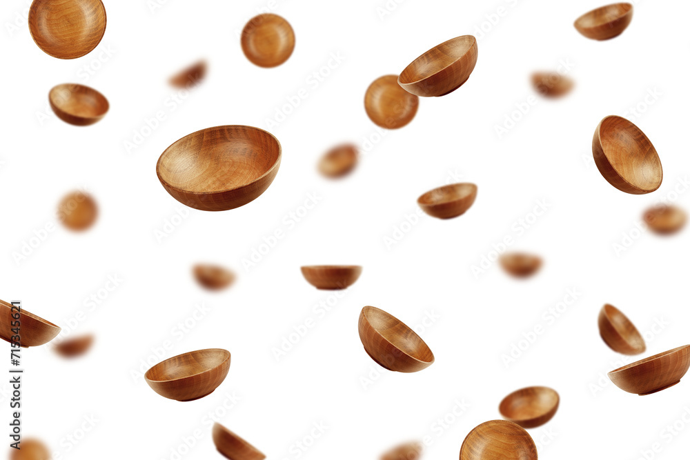 Falling Wooden Bowl, plate, isolated on white background, selective focus Falling Wooden Bowl, plate, isolated on white background, selective focus
