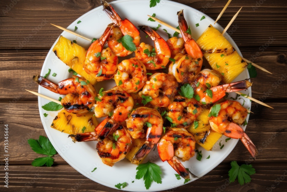 a plate of grilled shrimp and pineapple skewers on skewers with parsley on the side. a plate of grilled shrimp and pineapple skewers on skewers with parsley on the side.