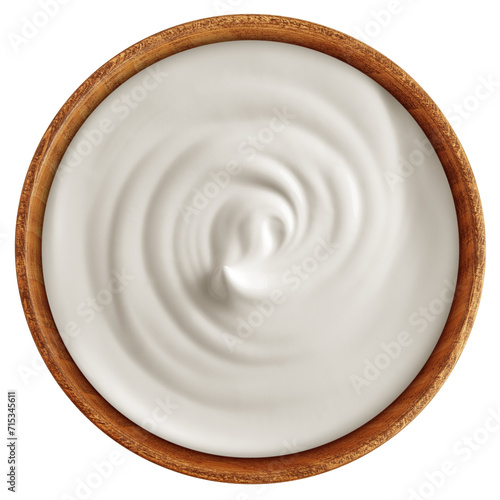Sour Cream in wooden bowl, Mayonnaise, Yogurt, isolated on white background, full depth of field photo