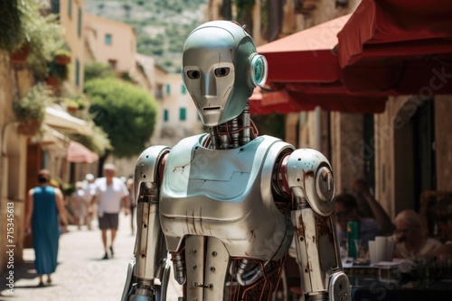 A steel robot walks against the background of a city street in summer