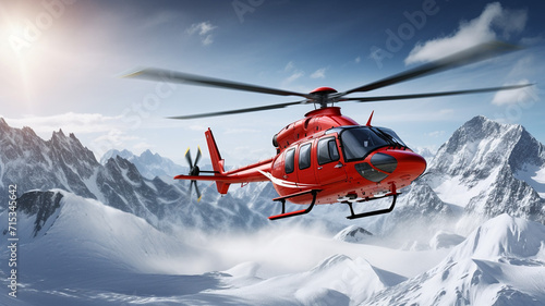 A bright red rescue helicopter hovering above a snow