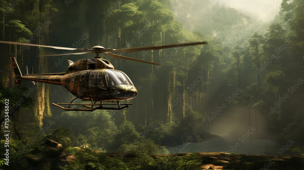 A rustic wood paneled helicopter touring over an ancient - obrazy, fototapety, plakaty 