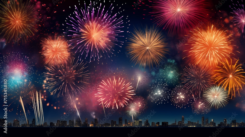 Naklejka premium Beautiful fireworks background at night for holiday decoration