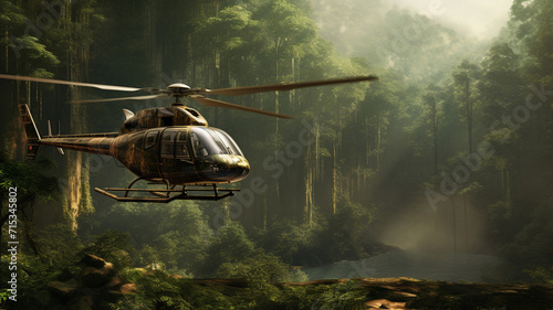 A rustic wood paneled helicopter touring over an ancient photo
