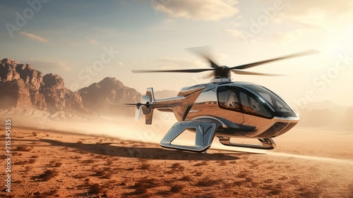 A sleek silver solar powered helicopter flying above