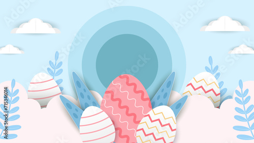 White blue and pink vector gradient background for easter celebration with egg and flower. Vector easter illustration flyer template