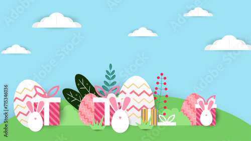 Colorful colourful vector gradient happy easter day background with decorative eggs. Vector easter illustration flyer template