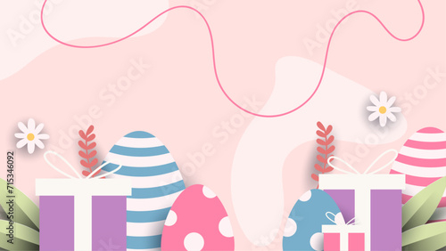 Colorful colourful vector gradient happy easter day background with egg and flower. Vector easter illustration flyer template