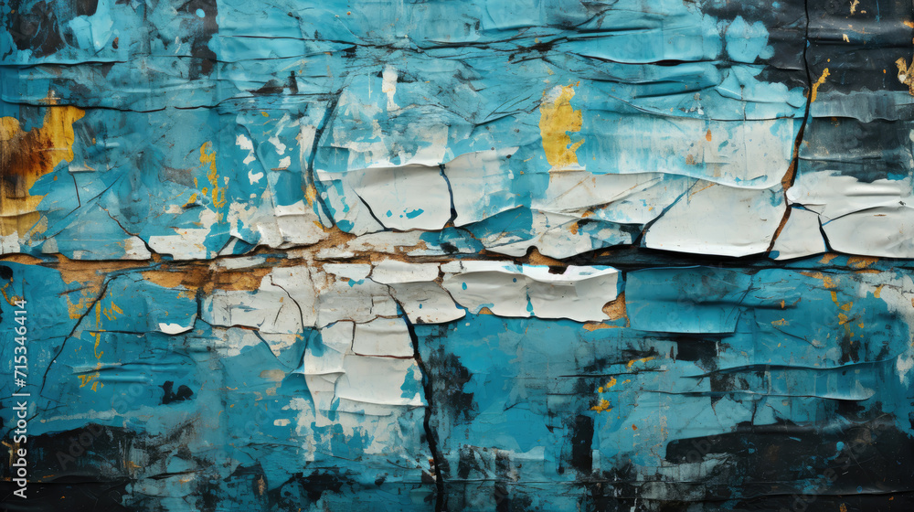 Torn black and azure blue posters glued on billboard with old dirty peeling paper. Abstract and creative background of ripped magazine paper. - obrazy, fototapety, plakaty 